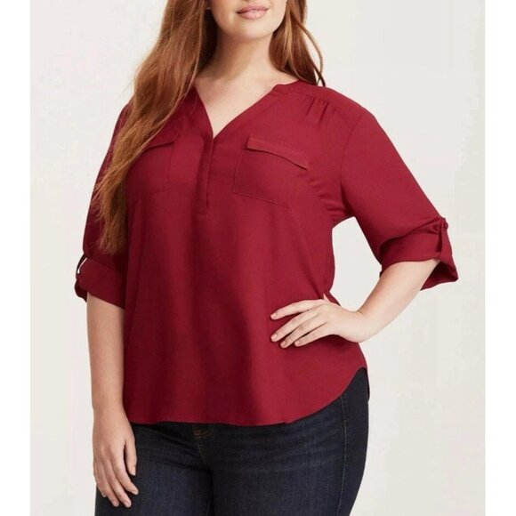 Torrid Tops - Torrid Harper Red Georgette Pullover 3/4 Roll Tab Sleeves Tunic Blouse Size 1X